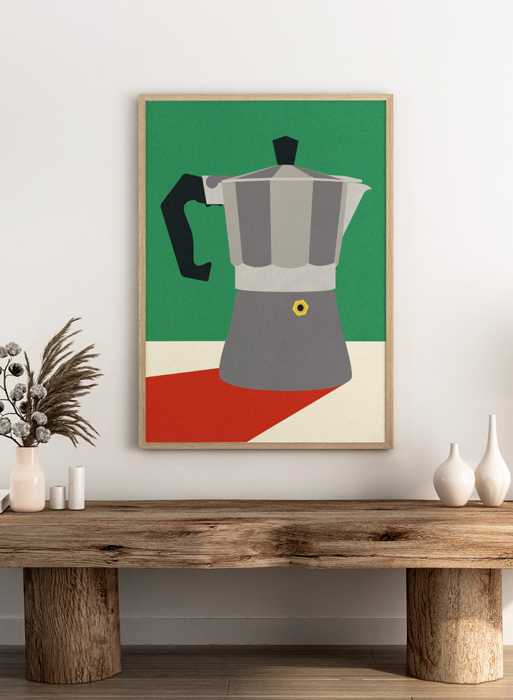 Stylized illustration of a Moka pot on a green, white, and red background. Stylized illustration of a Moka pot on a green, white, and red background. Espresso Italiano by Rosi Feist is a minimalist moka pot kitchen art print with Bauhaus-inspired color. Officially licensed modern poster with framing.