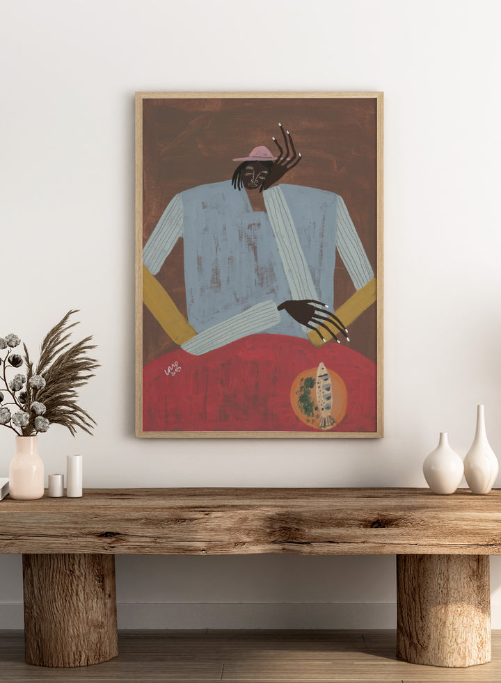 Artistic depiction of a person wearing a hat and sweater with a red background. Clear My Head by Studio IMO (Ibi Meier-Oruitemeka) is a modern figurative art print with a seated figure and contemporary portrait wall poster design.