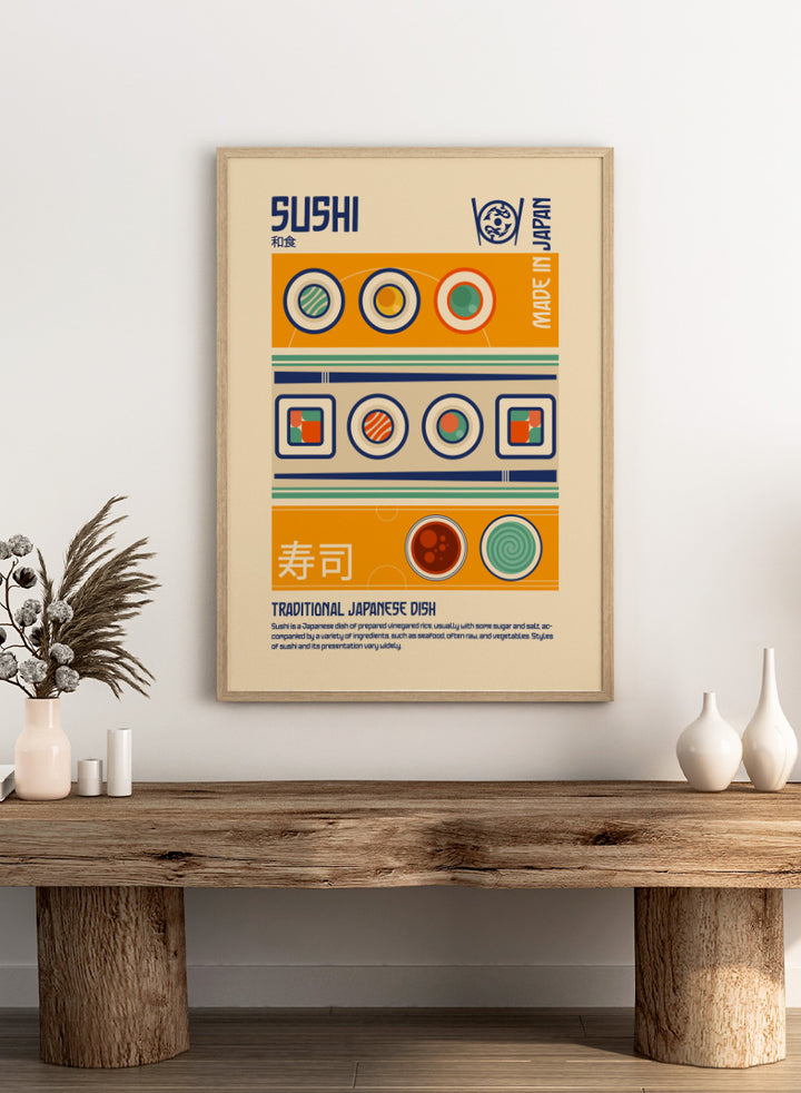 A retro-style graphic poster of Sushi, featuring Japanese-inspired geometric patterns, sushi illustrations, and descriptive text on a beige background. Sushi Japanese Food Print by Retrodrome retro kitchen art featuring sushi rolls, soy sauce, geometric shapes, and bold Japanese-inspired graphic design.