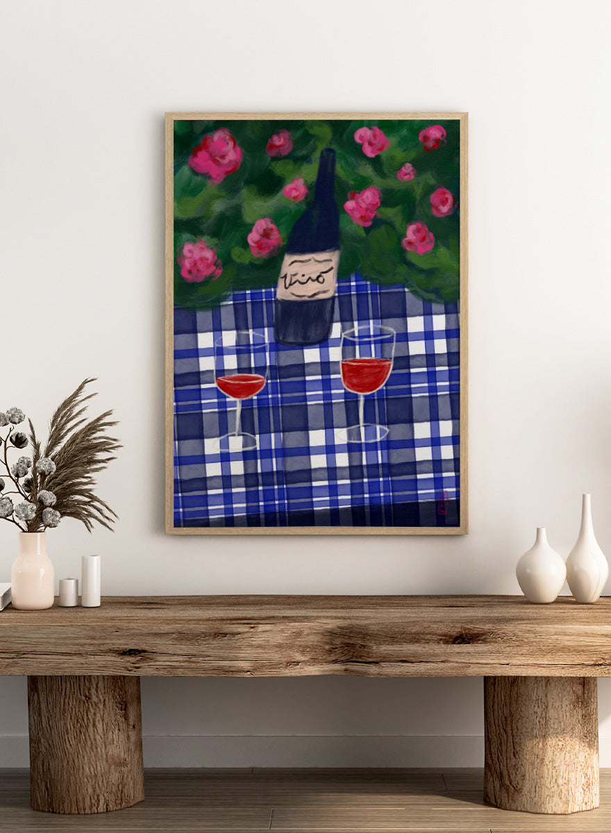A painted still life scene featuring a dark wine bottle labeled &