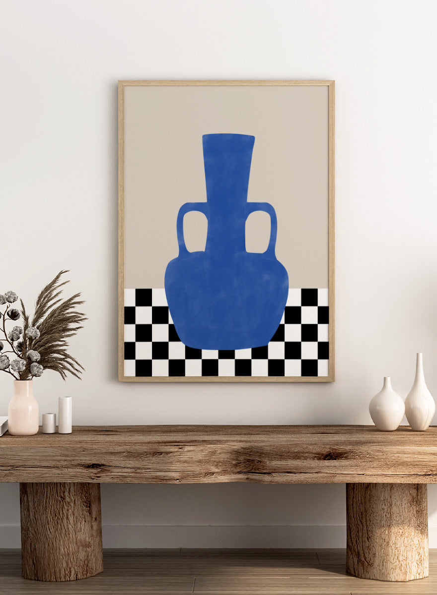 Shop Blue Amphora Still Life by Elena Ristova, a modern still life wall art print poster featuring a cobalt blue vase and bold black-and-white checkerboard pattern.