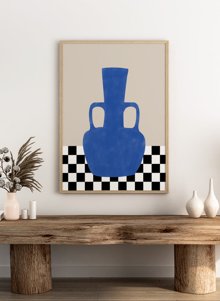 Shop Blue Amphora Still Life by Elena Ristova, a modern still life wall art print poster featuring a cobalt blue vase and bold black-and-white checkerboard pattern.