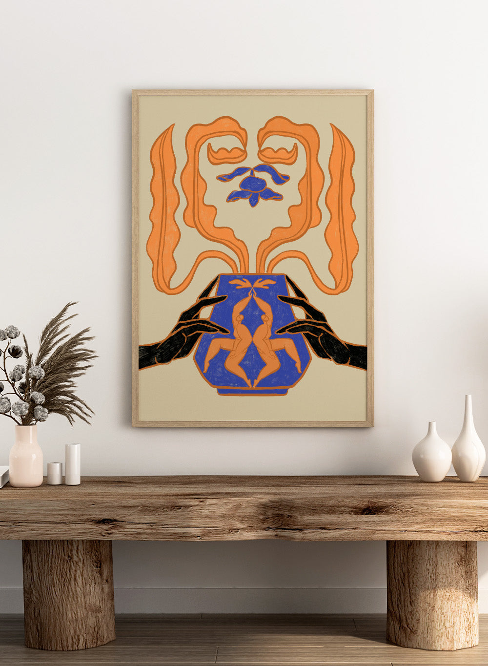 Decorative design with hands holding a vase featuring abstract floral patterns on a beige background. Vessel Collection: New Beginnings by Arty Guava art print, modern vase wall poster with mirrored figures, contemporary blue orange minimalist illustration.