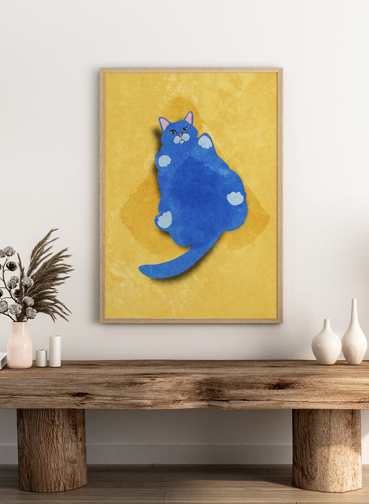 Blue cat illustration on a yellow textured background. Fat Cat by Raissa Oltmanns is a modern cat art print featuring a bold blue feline on yellow background in contemporary wall poster style.
