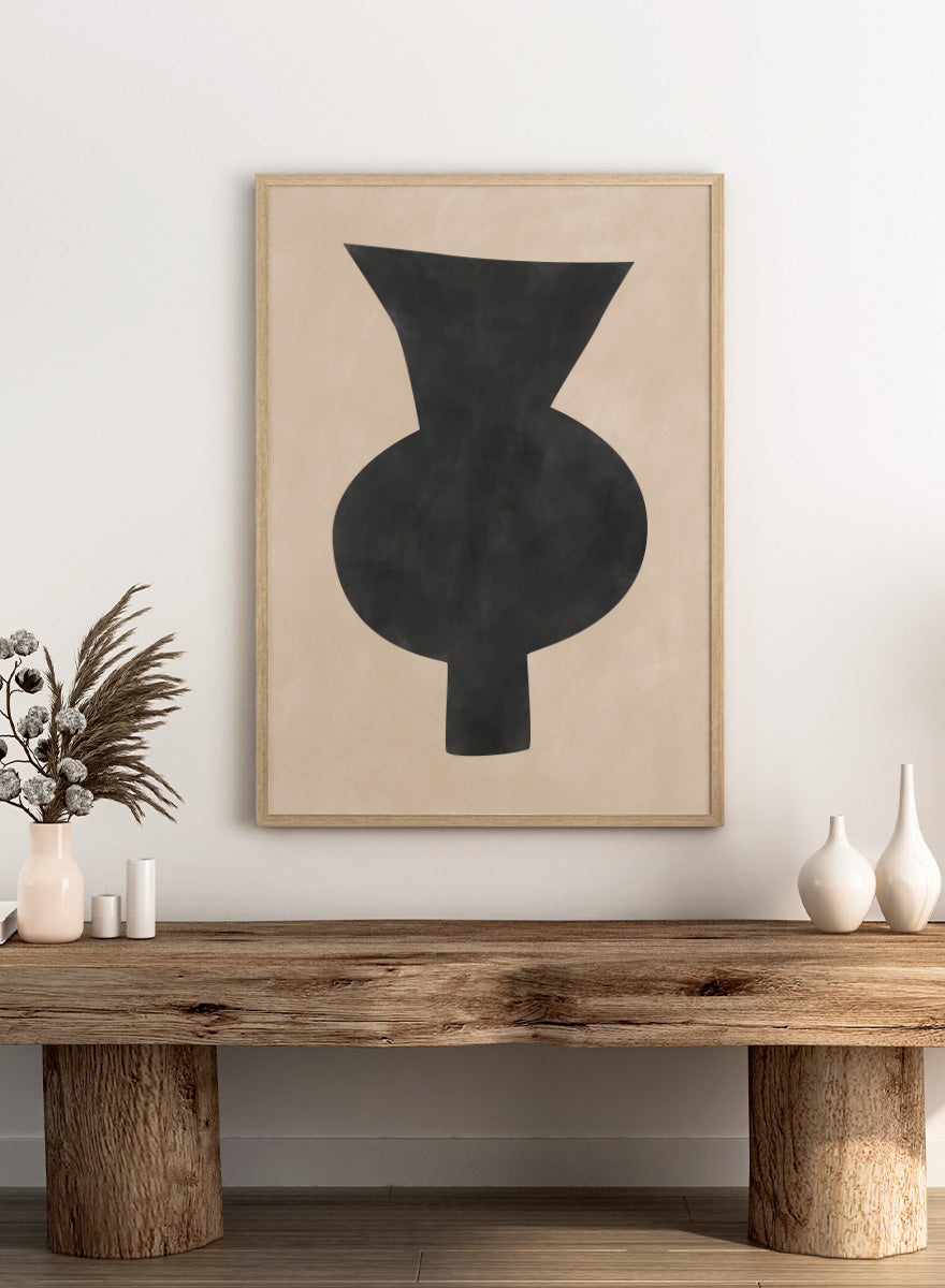 Shop Abstract Black Vase by Elena Ristova, a modern minimalist wall art print poster featuring an oversized black vase silhouette on a soft beige background.