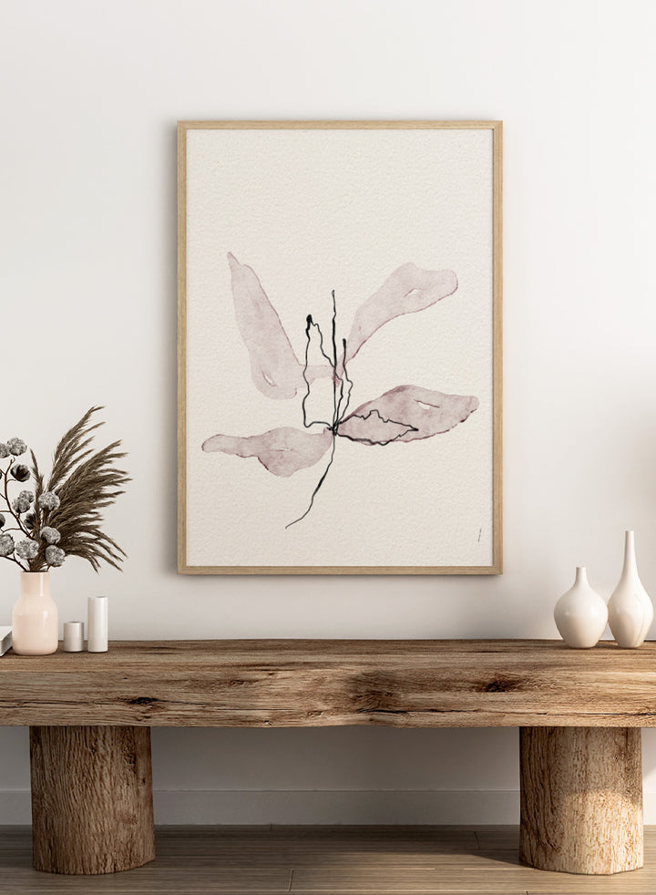 Abstract botanical art print featuring soft watercolor sepia and dusty rose leaf-like shapes with black sketch lines on textured off-white paper. Shop Delicate Botanical Bloom by Ankie Kooi, a modern floral wall art print poster with abstract flower art, minimalist linework, soft pink, cream, and black.