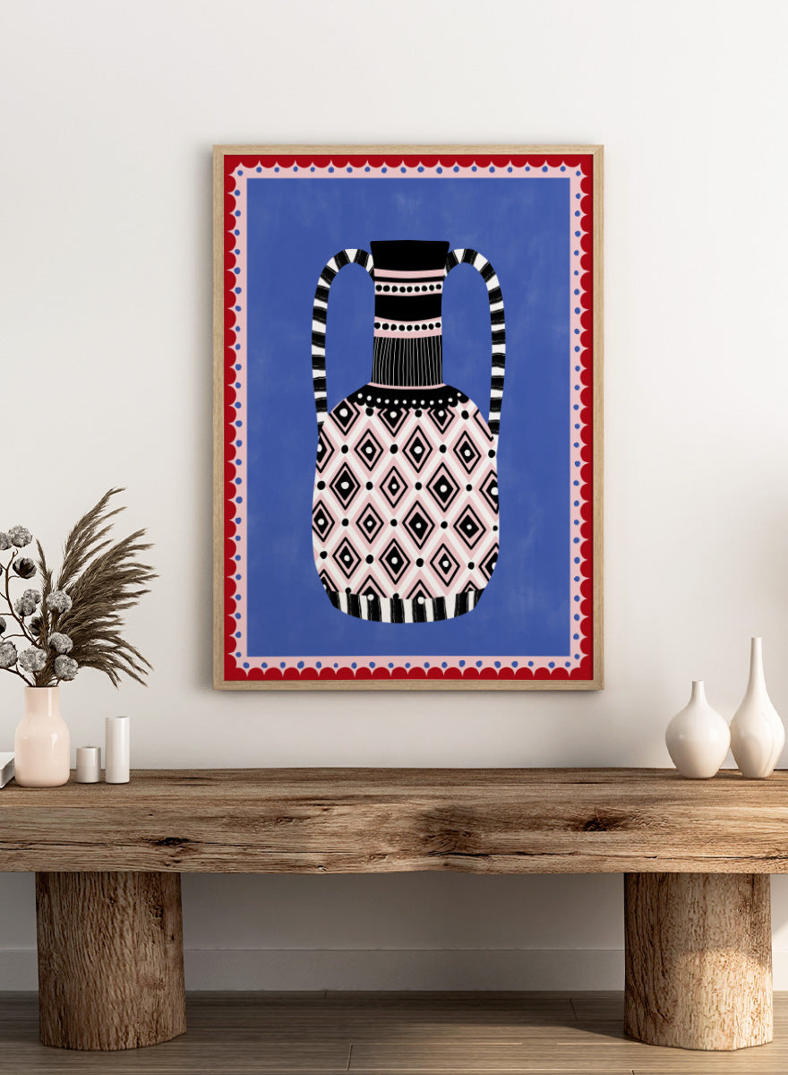 Shop Patterned Tribal Vase by Elena Ristova, a colorful wall art print poster featuring bold diamonds, stripes, pink, blue, black, and red details.