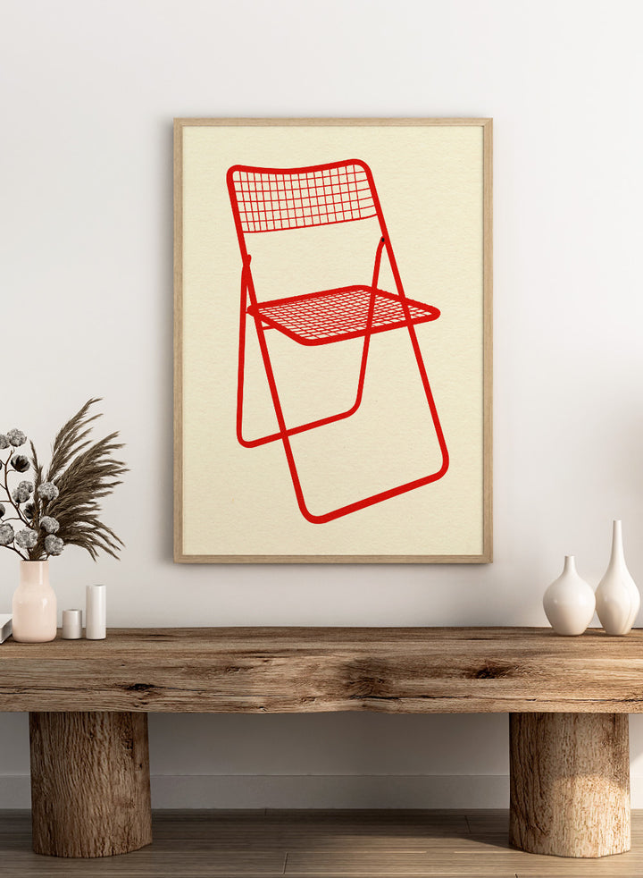 Red metal chair on a beige background. Modern chair wall art print by Rosi Feist featuring a bold red wire net chair illustration. Contemporary minimalist poster for design lovers.