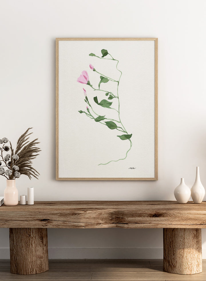 Shop Graceful Pink Stem by NKTN, a botanical wall art print poster featuring a delicate climbing vine, soft pink flowers, and minimalist watercolor style.