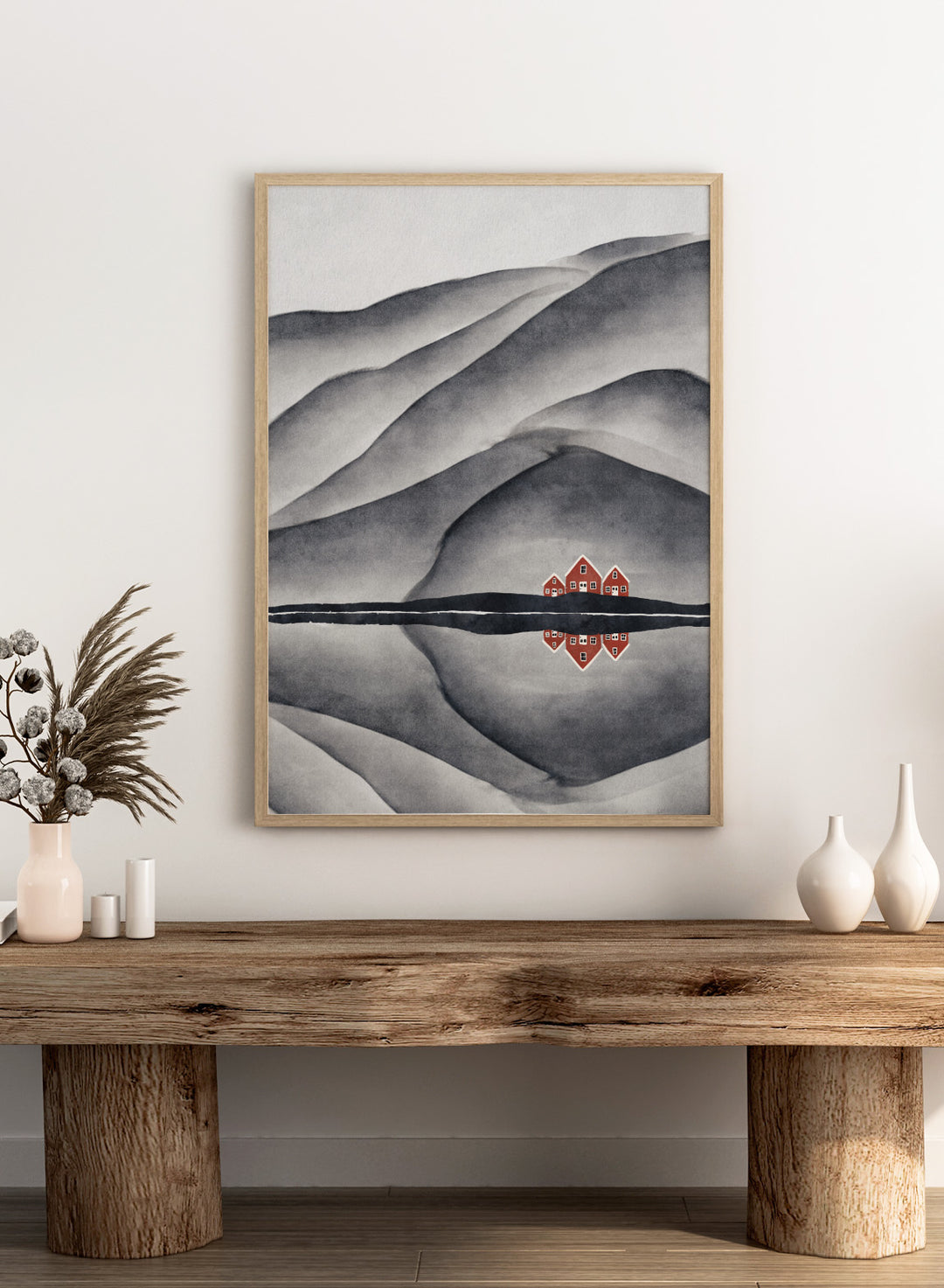 Lisa Solomoniuk - Red Houses Lake Reflection Art Print