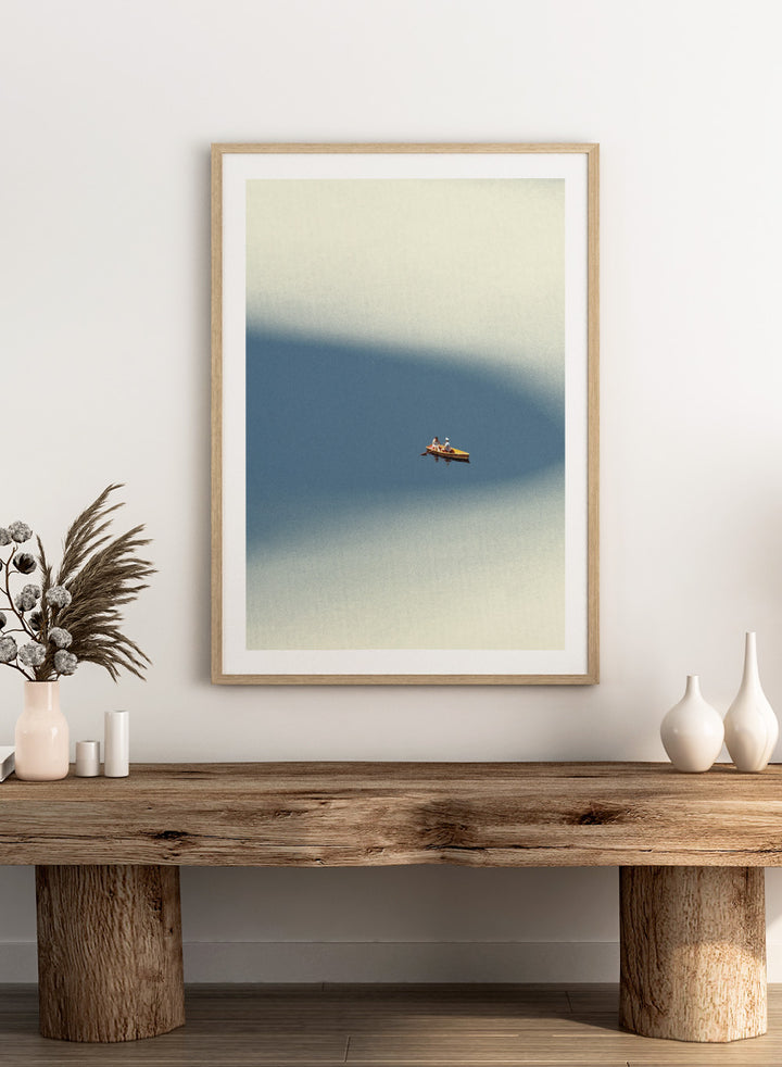 Happy Memories by Maarten Léon is an officially licensed art print featuring a minimalist boat scene with soft blue tones and open water. Available as a premium fine art print with optional real wood framing.