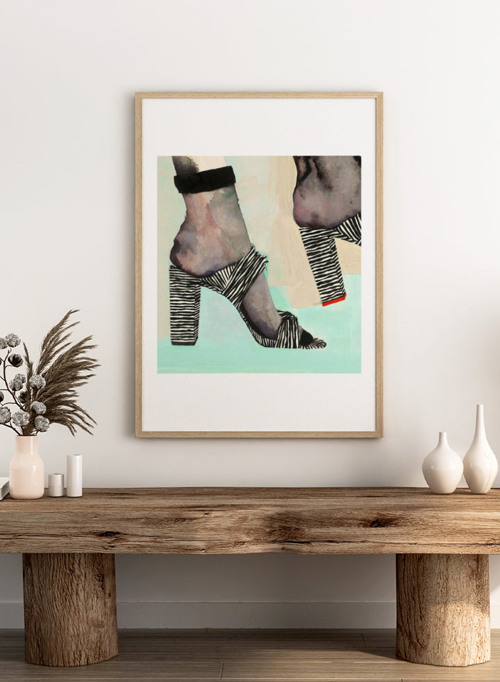 Shop Chic Zebra Heels by Sophia Novosel, a modern fashion wall art print poster featuring zebra-striped heels, bold black-and-white pattern, and a stylish cropped view.