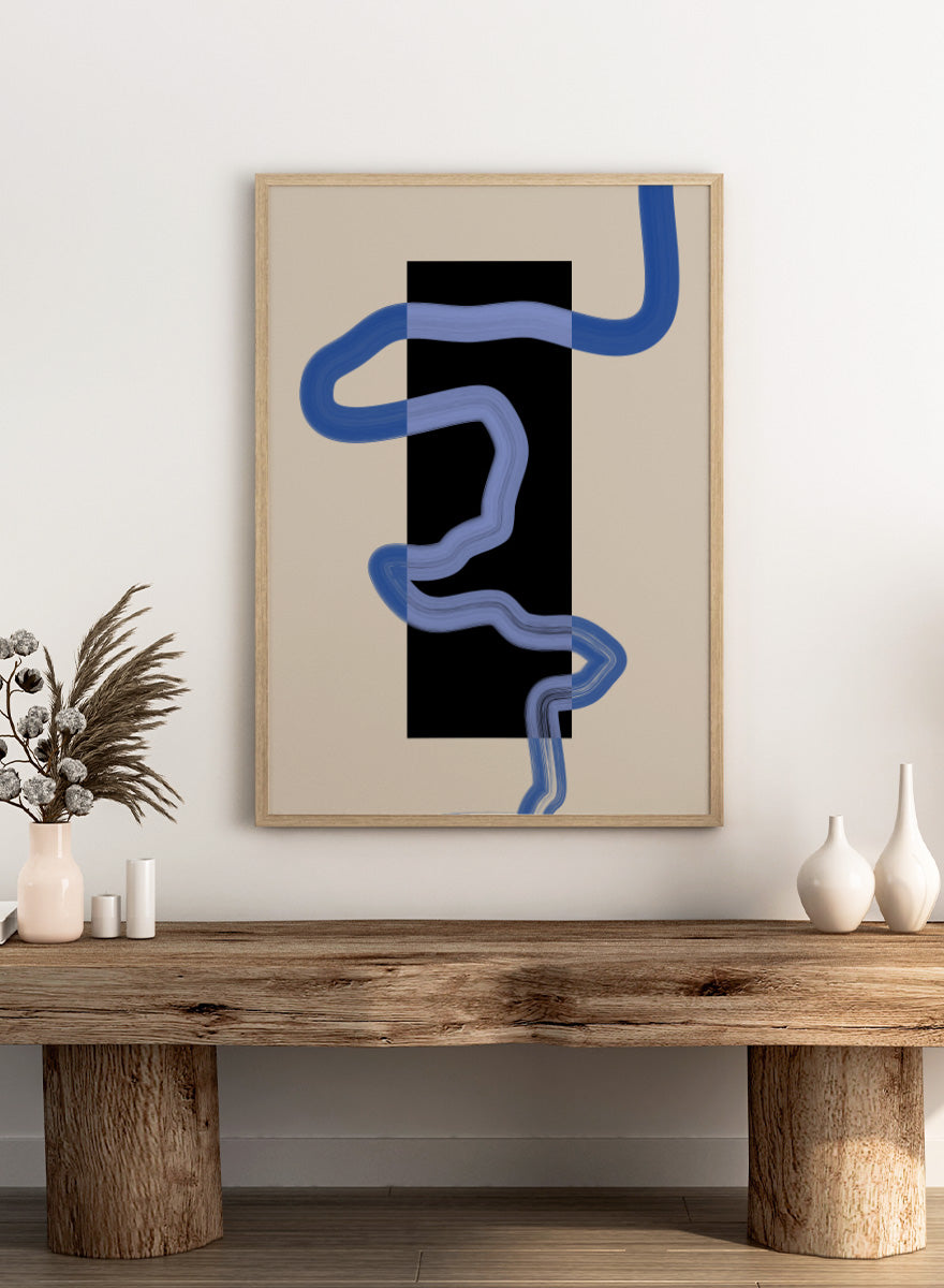 Shop Flowing Blue Lines Rectangle by Elena Ristova, a modern abstract wall art print poster with painted blue lines, a black rectangle, and cream tones.