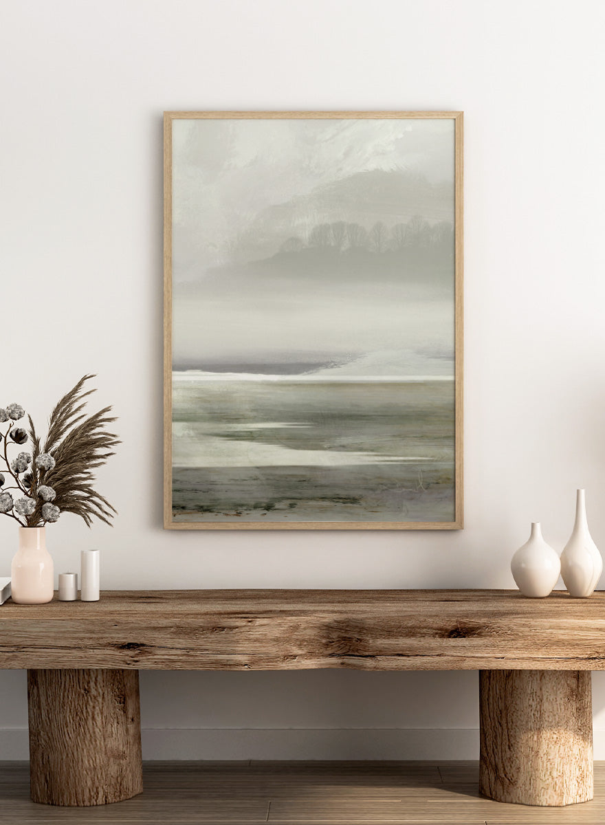 Shop Lakes No. 2 by Dan Hobday, a soft landscape art print featuring misty water, distant hills, bare trees, muted green tones, and layered texture.
