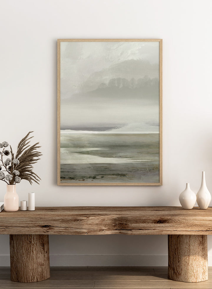 Shop Lakes No. 2 by Dan Hobday, a soft landscape art print featuring misty water, distant hills, bare trees, muted green tones, and layered texture.