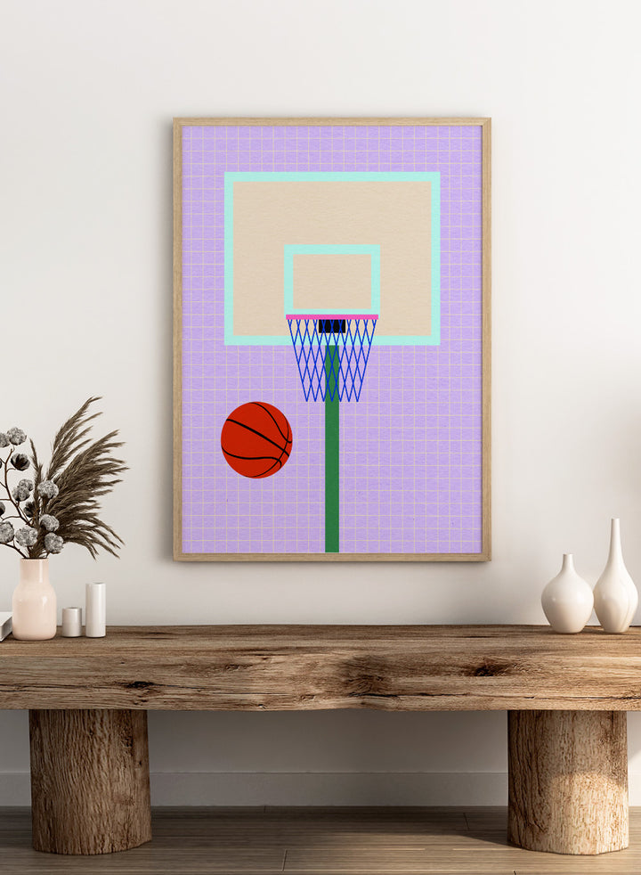Basketball and hoop on a grid background. New York Basketball by Rosi Feist is a modern minimalist sports art print with bold graphic color and Bauhaus-inspired design. Officially licensed fine art poster with framing.