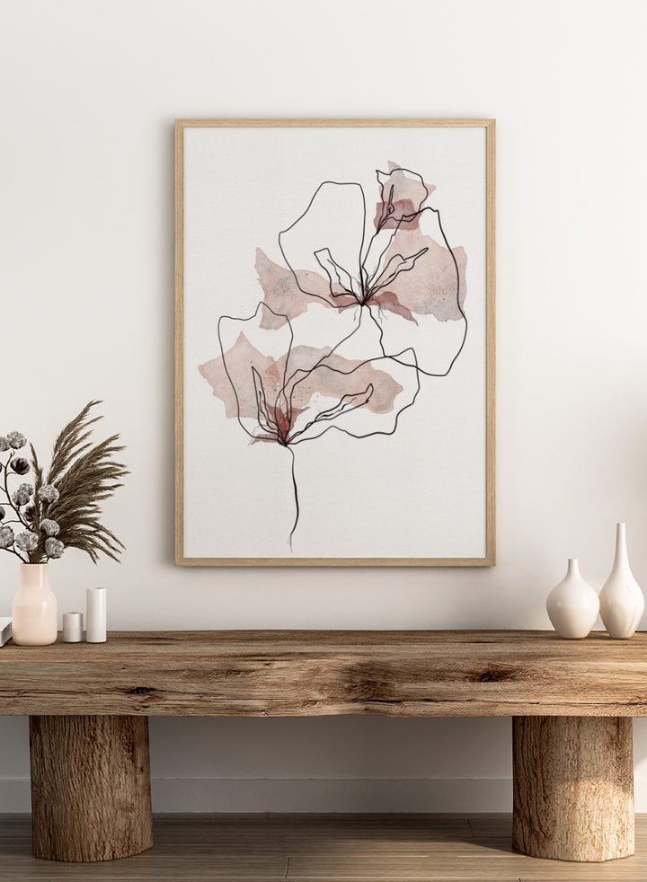 Shop Abstract Blush Botanicals by Ankie Kooi, a modern floral wall art print poster with abstract flowers, minimalist line art, blush pink, cream, and black.