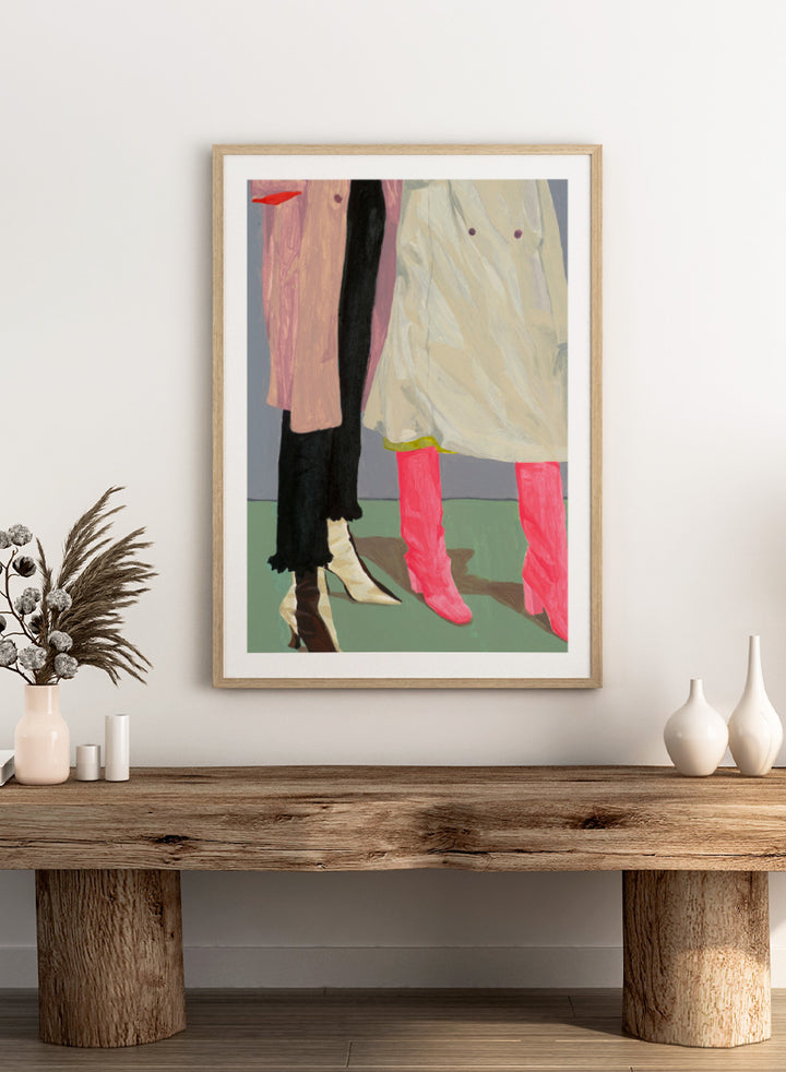 Shop Pink Boots Style by Sophia Novosel, a modern fashion wall art print poster featuring hot pink boots, cream heels, layered coats, and a cropped street-style scene.