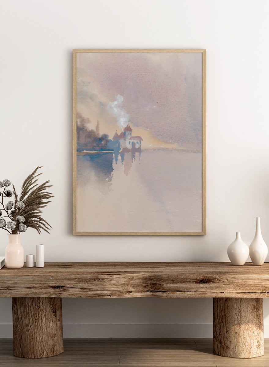 A framed watercolor landscape painting depicting a small white house with a smoking chimney on a calm lake, rendered in soft pastel tones of beige, lavender, blue, and gray. Château de Chillon by Hercules Brabazon Brabazon is a vintage watercolor art print featuring the Swiss castle, Lake Geneva, and soft pastel tones.