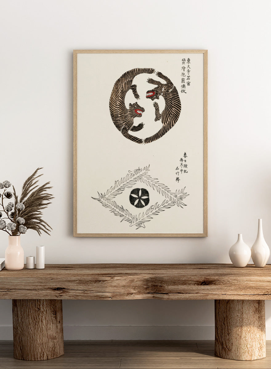 Tigers Yatsuo no Tsubaki by Taguchi Tomoki is a vintage Japanese art print featuring striped tigers, floral motifs, and traditional woodblock illustration.