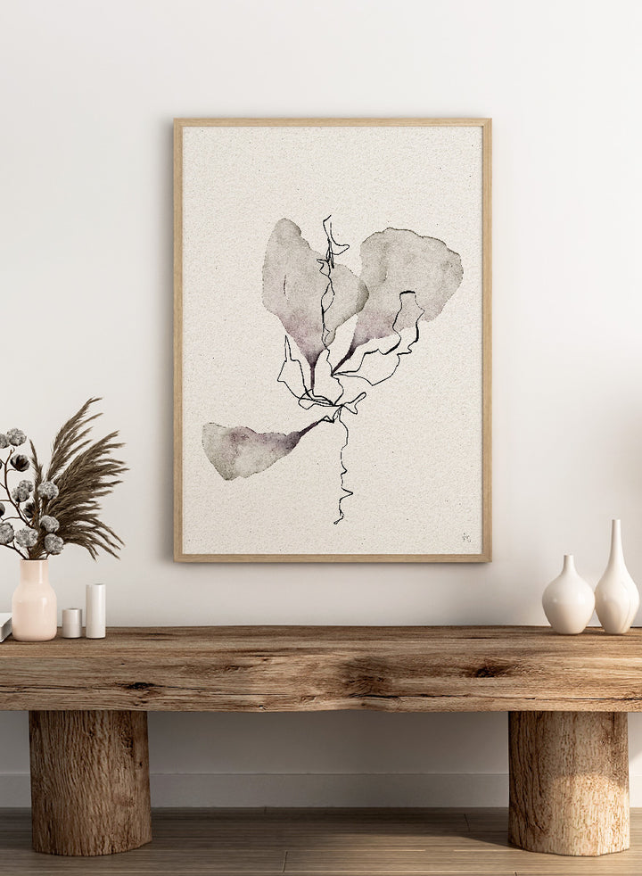 Shop Delicate Botanical Study by Ankie Kooi, a modern botanical wall art print poster with minimalist flower line art, abstract florals, soft taupe, and dusty lavender.