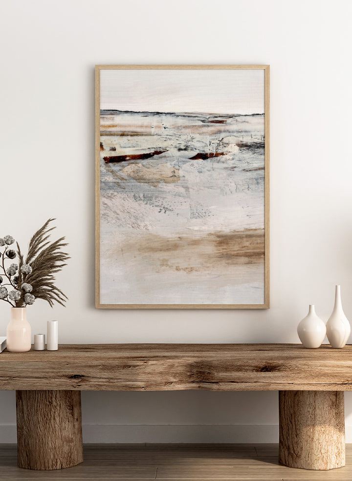 Shop August No. 01 by Dan Hobday, an abstract landscape art print featuring soft neutral tones, rust accents, layered brushwork, and an open windswept feel.