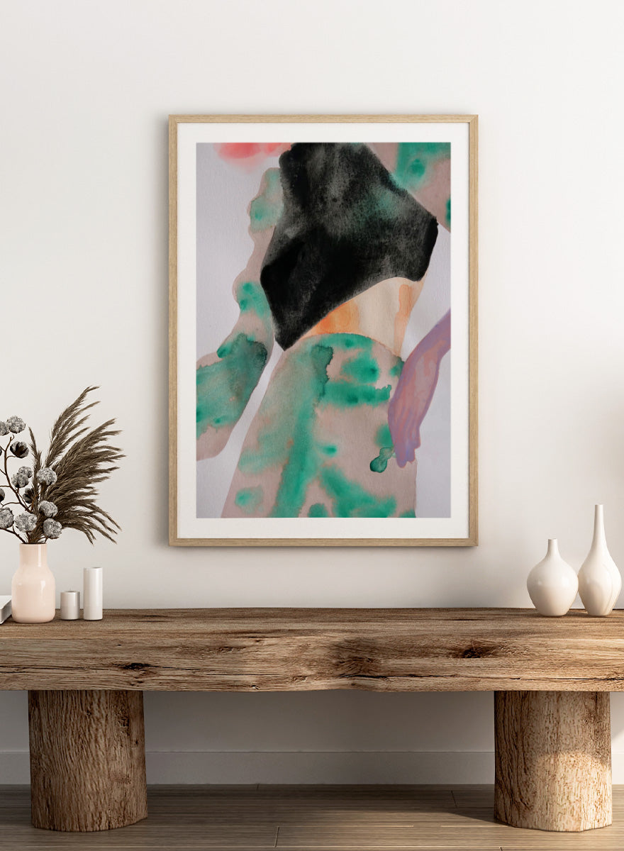 Shop Abstract Fashion Figure by Sophia Novosel, a modern figurative wall art print poster featuring a cropped woman, black top, and loose green and peach washes.