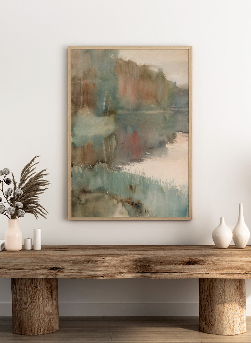 Shop Seashore at Haikko in Autumn by Albert Edelfelt, a vintage Finnish landscape wall art print poster featuring a misty autumn shoreline in green tones.