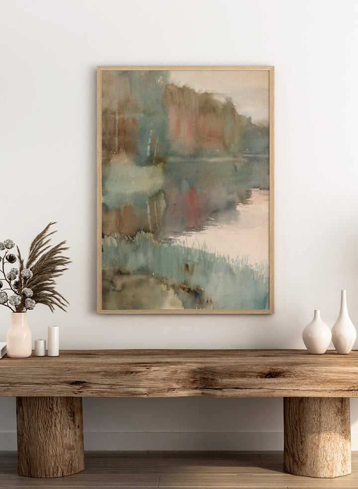 Shop Seashore at Haikko in Autumn by Albert Edelfelt, a vintage Finnish landscape wall art print poster featuring a misty autumn shoreline in green tones.