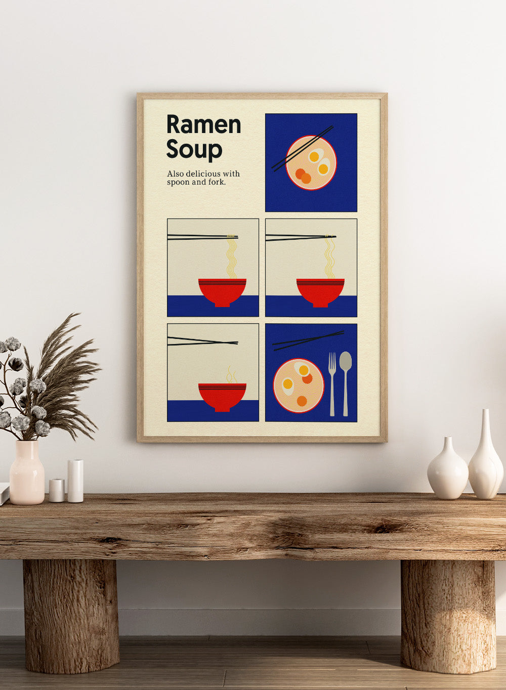 Illustration of ramen soup with chopsticks, a spoon, and fork on a blue background. Ramen Soup by Rosi Feist is a minimalist ramen art print with bold Bauhaus color, chopsticks, and playful humor. Officially licensed modern food poster.