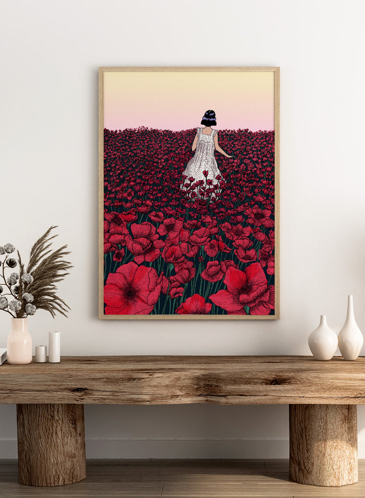 Woman in a white dress standing in a field of red flowers with a gradient sky. Field of Poppies by E.C. Mazur is an officially licensed art print featuring a woman standing in a red poppy field. Illustrated landscape wall poster.