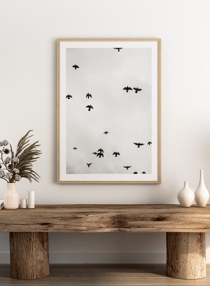 A framed black and white art print depicting a flock of birds flying across a cloudy sky, presented in a minimalist look. Birds in Flight by Shot by Clint black-and-white bird photography print featuring a scattered flock, open sky, and graphic silhouettes in motion.