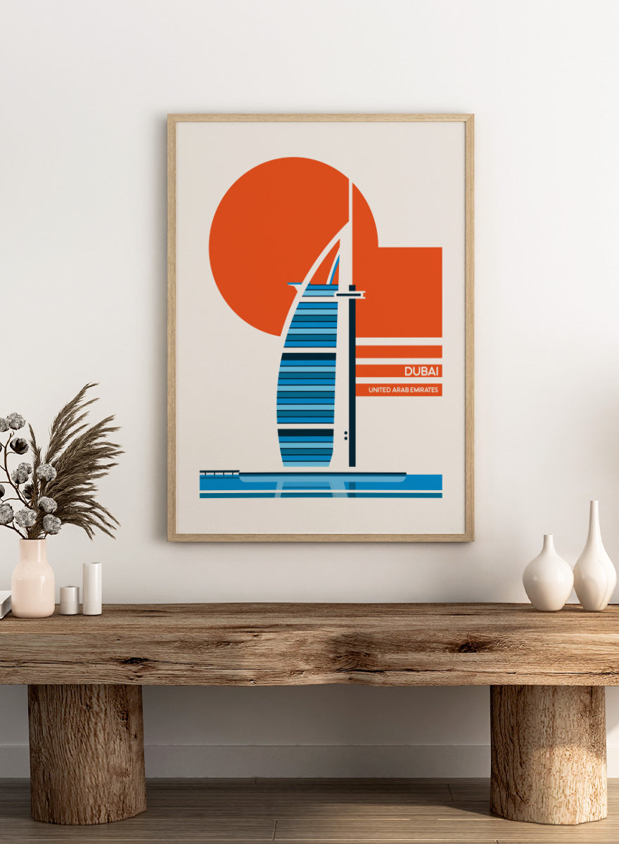 A minimalist travel poster of the Burj Al Arab in Dubai, United Arab Emirates, featuring a stylized blue and white striped hotel silhouette, a large orange sun, and a cream background with the text &