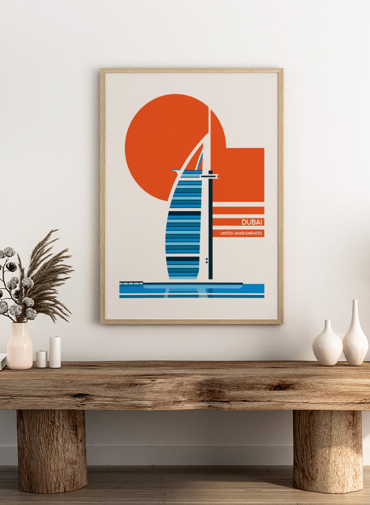 A minimalist travel poster of the Burj Al Arab in Dubai, United Arab Emirates, featuring a stylized blue and white striped hotel silhouette, a large orange sun, and a cream background with the text &