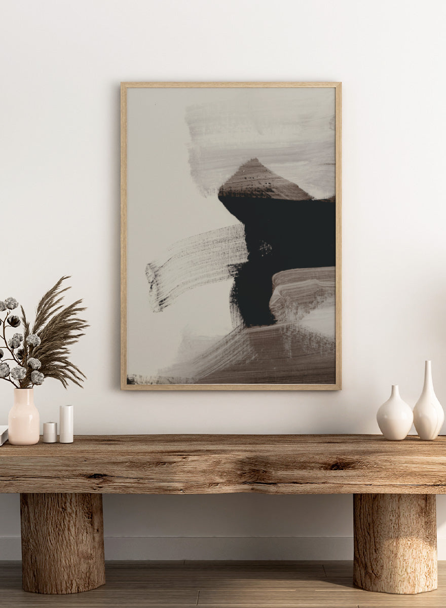 Shop Mellow No. 01 by Dan Hobday, a contemporary abstract art print featuring bold black forms, soft neutral brushwork, and layered earthy texture.