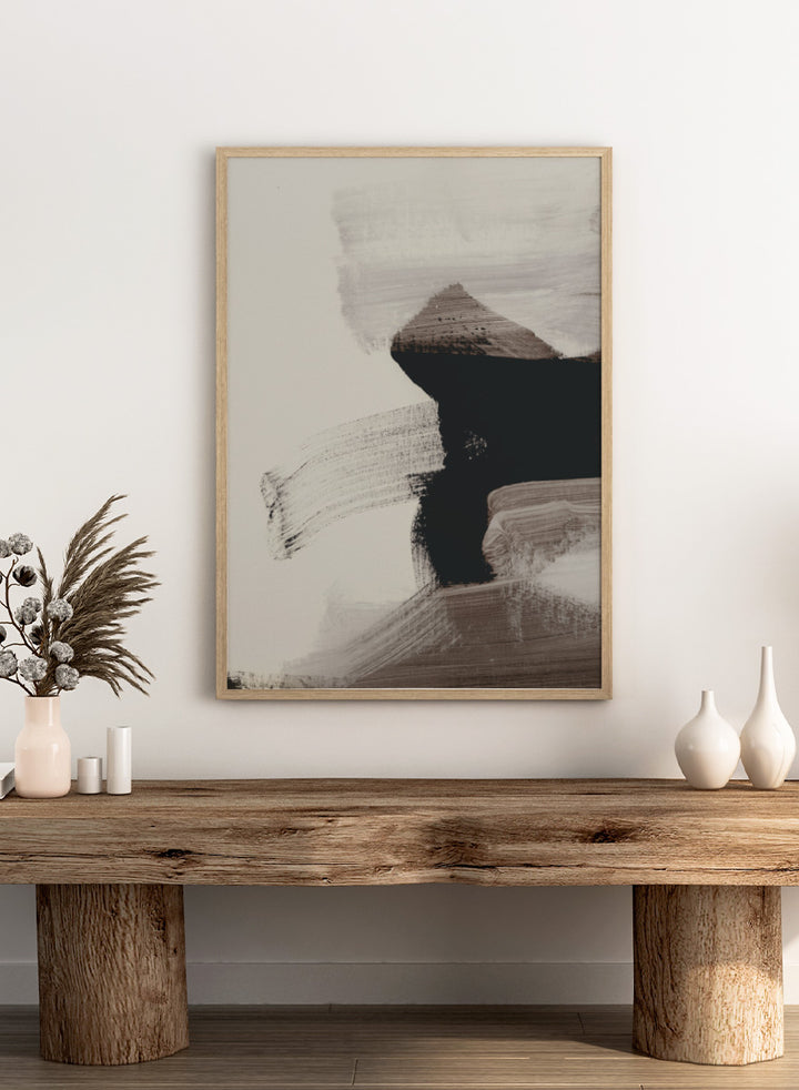 Shop Mellow No. 01 by Dan Hobday, a contemporary abstract art print featuring bold black forms, soft neutral brushwork, and layered earthy texture.