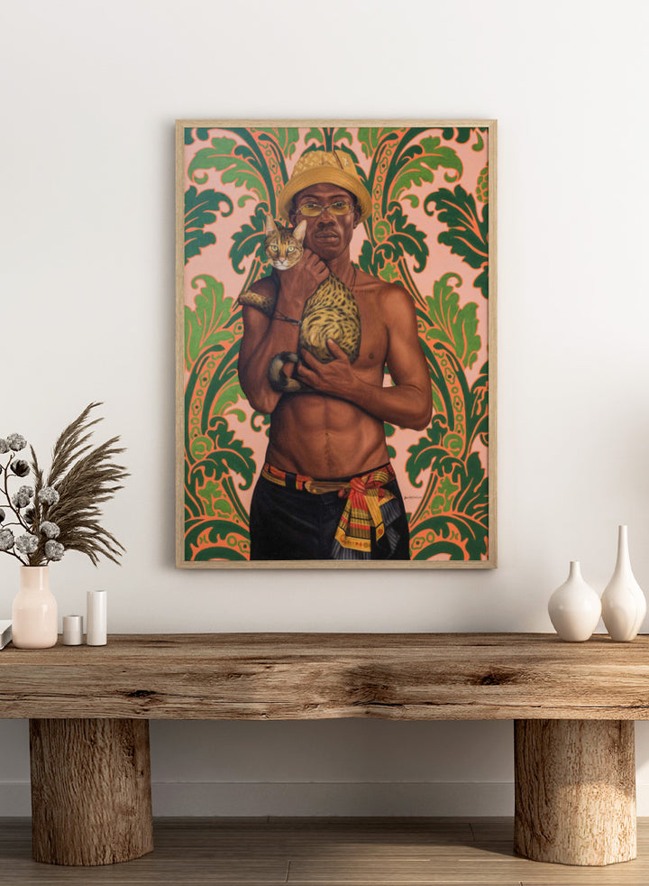 Shop Confident Man With Cat by Damilare Jamiu, a contemporary portrait art print featuring a stylish man, spotted cat, patterned details, and green and coral tones.