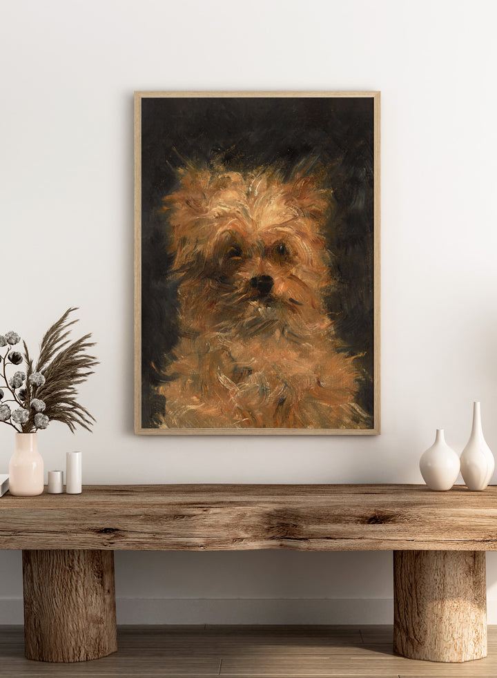 A painted portrait of a small fluffy dog, likely a terrier mix, rendered in warm tan, cream, and brown brushstrokes against a dark charcoal background. Head of the Dog "Bob" by Édouard Manet is a vintage dog portrait print featuring a scruffy terrier&