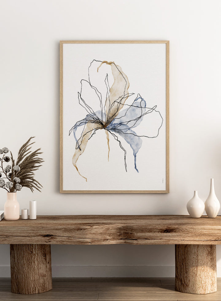 Shop Delicate Blush Botanicals by Ankie Kooi, an abstract floral wall art print poster with watercolor flower art, botanical linework, blue, brown, and cream.