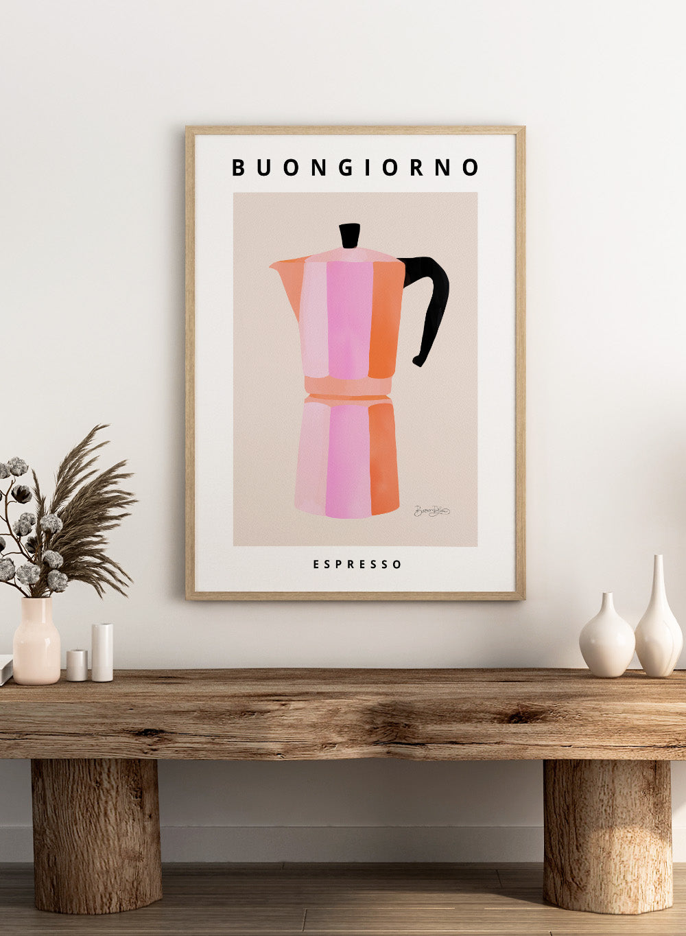 Colorful pink striped coffee maker with 'Buongiorno Espresso' text on a beige background. Buongiorno Espresso by Baroo Bloom is a modern coffee art print featuring a colorful moka pot illustration. Officially licensed wall poster with optional framing.