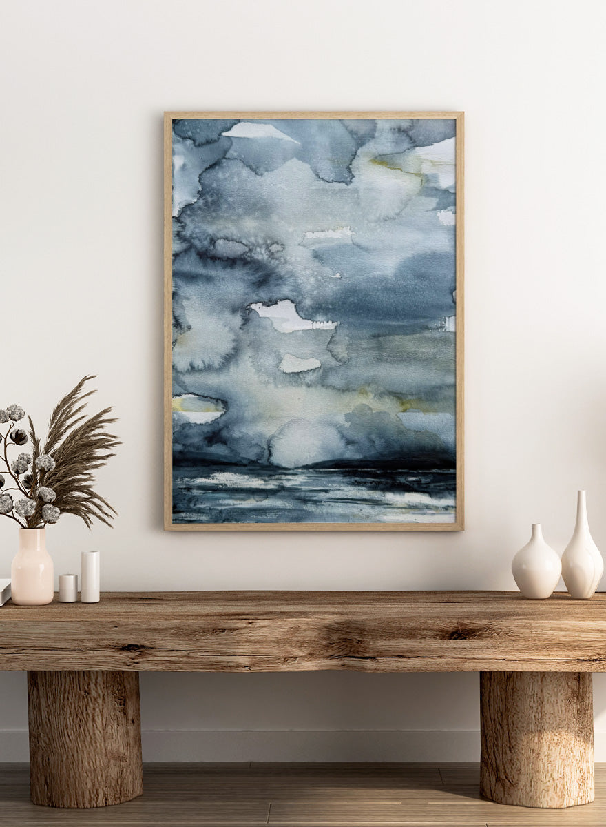 Shop Moody Sea Horizon by Helena Ryhle, a watercolor sea landscape wall art print poster with a blue-grey horizon and atmospheric coastal mood.