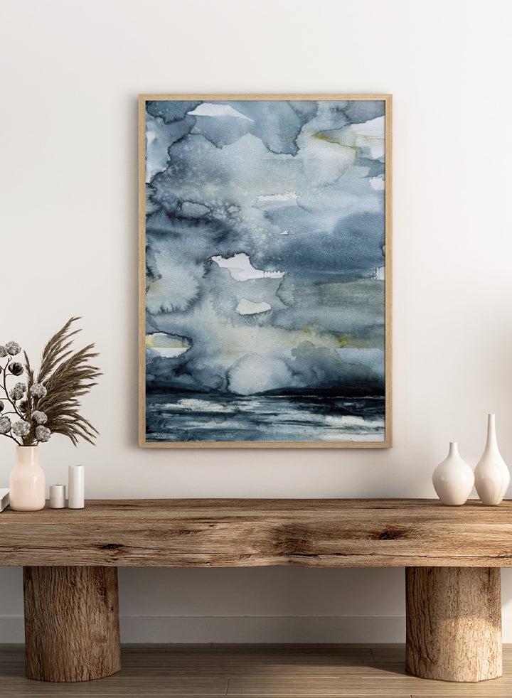 Shop Moody Sea Horizon by Helena Ryhle, a watercolor sea landscape wall art print poster with a blue-grey horizon and atmospheric coastal mood.