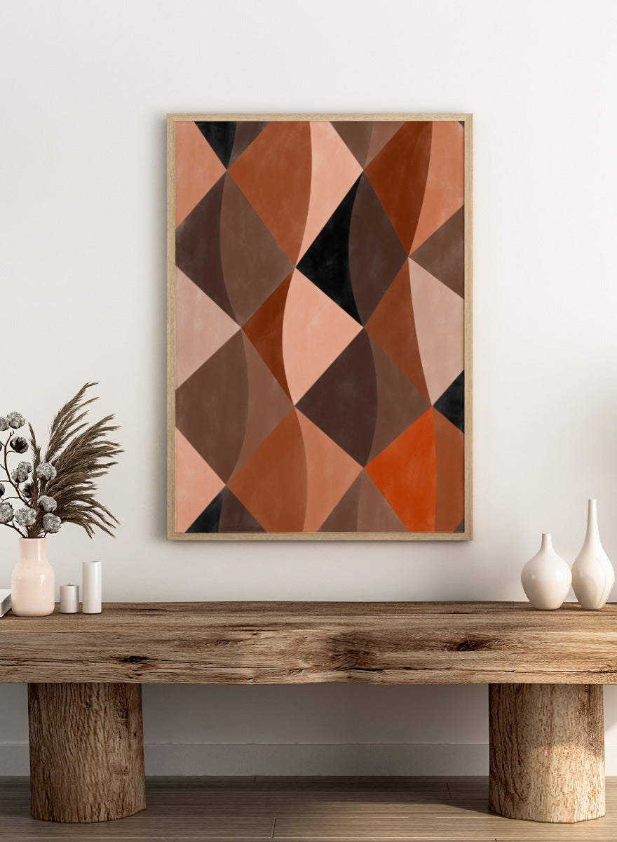 Shop Earthy Geometric Abstraction by Elena Ristova, a modern abstract wall art print poster featuring curved geometric shapes in rust, brown, pink, cream, and black.