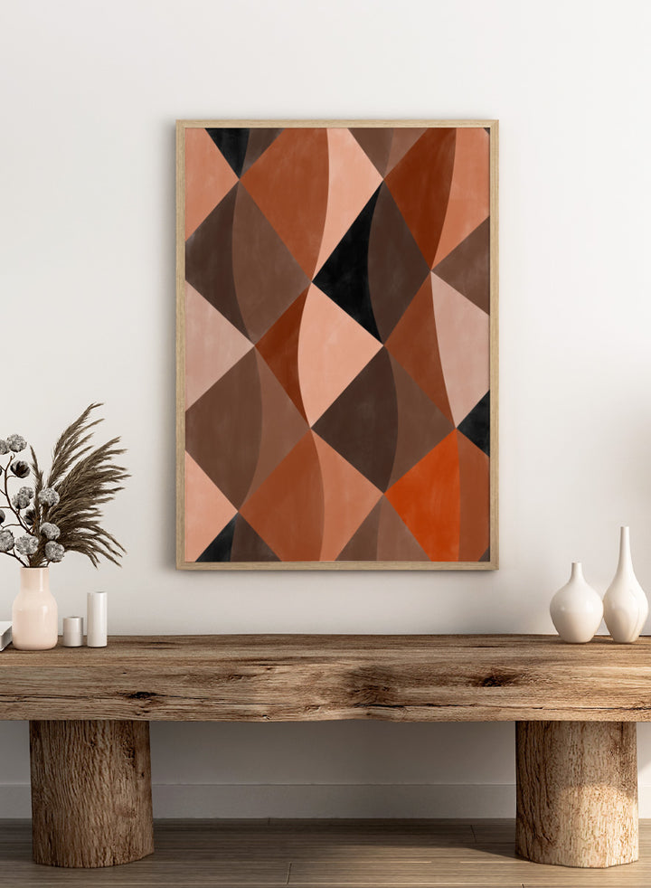 Shop Earthy Geometric Abstraction by Elena Ristova, a modern abstract wall art print poster featuring curved geometric shapes in rust, brown, pink, cream, and black.