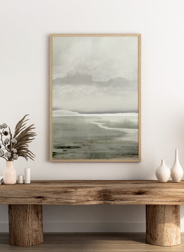 Shop Lakes No. 01 by Dan Hobday, a misty landscape art print featuring muted green water, distant hills, soft trees, and layered atmospheric texture.