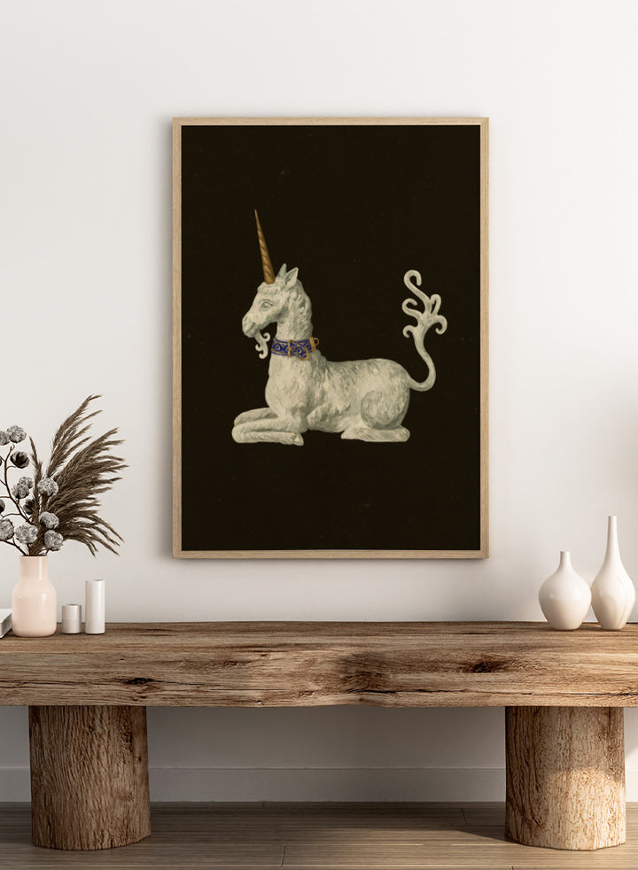Shop Regal White Unicorn by NKTN, a whimsical unicorn wall art print poster featuring a white mythical figure, golden horn, ornate blue collar, and dark background.