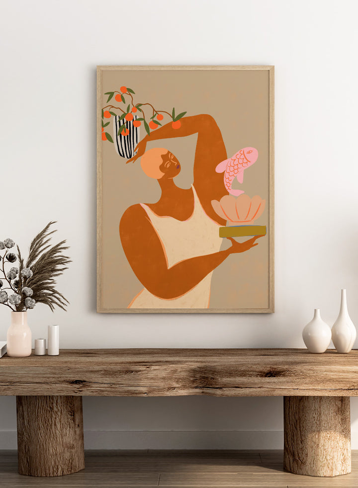 Illustration of a person holding a shell with a fish and a vase with flowers on a beige background. Fish and Oranges by Arty Guava is a modern surreal art print of a woman holding a fish with orange still life details. Officially licensed wall poster.