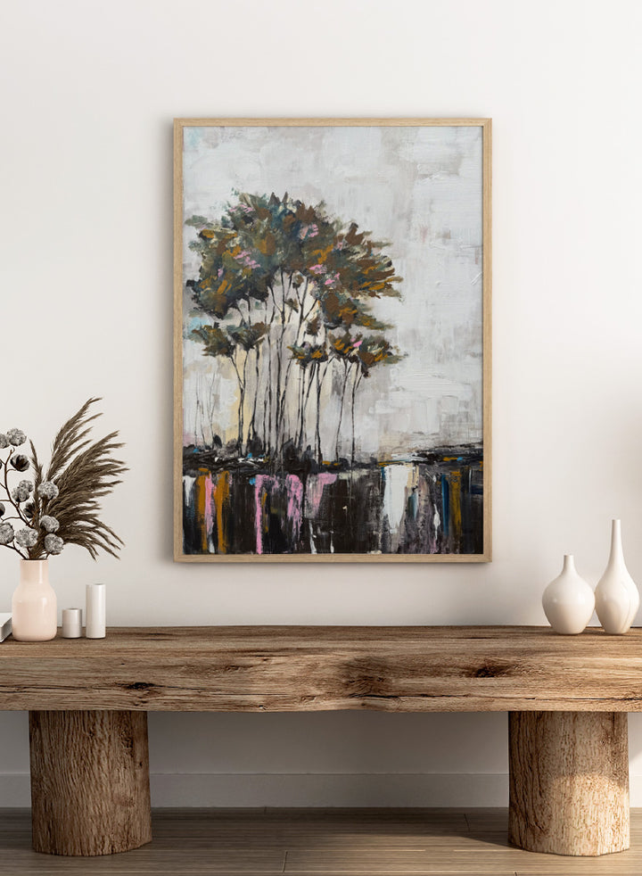 Shop Tranquil Tree Reflections by Helena Ryhle, a modern landscape wall art print poster featuring tall trees, mirrored water, and expressive reflections.