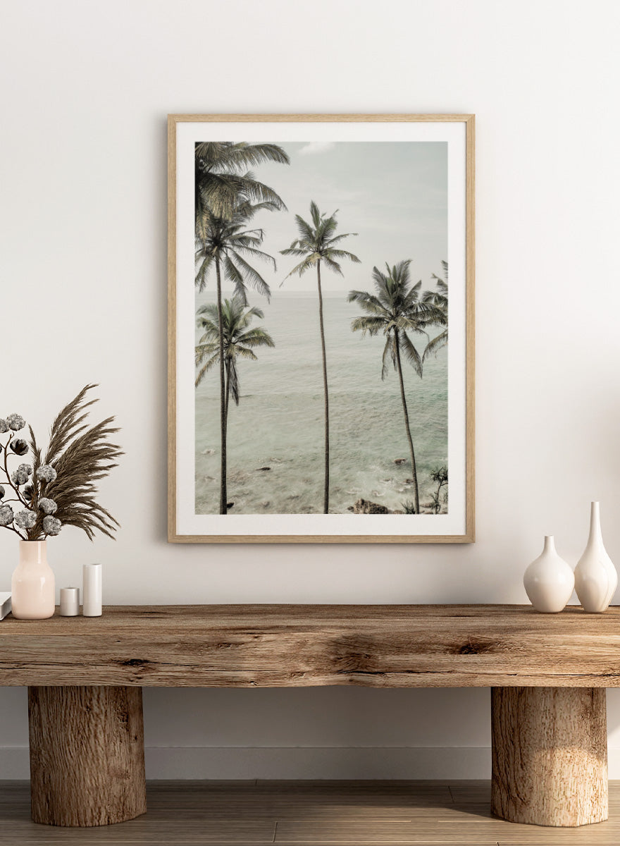 A framed photographic print of tropical coconut palm trees along a calm sea coastline. Tropical Dreams by Shot by Clint coastal photography print featuring tall palm trees, soft ocean waves, and muted tropical tones.