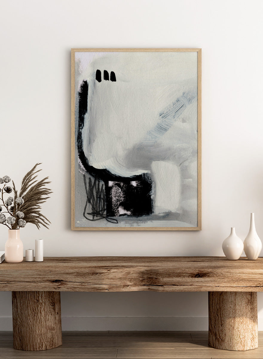 Shop Beyond No.02 by Dan Hobday, a minimalist abstract wall art print poster featuring expressive black forms and soft gray brushwork on a white ground.